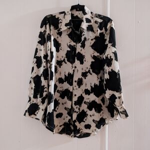 Black and White Patterned Button-Up Shirt Cow Print